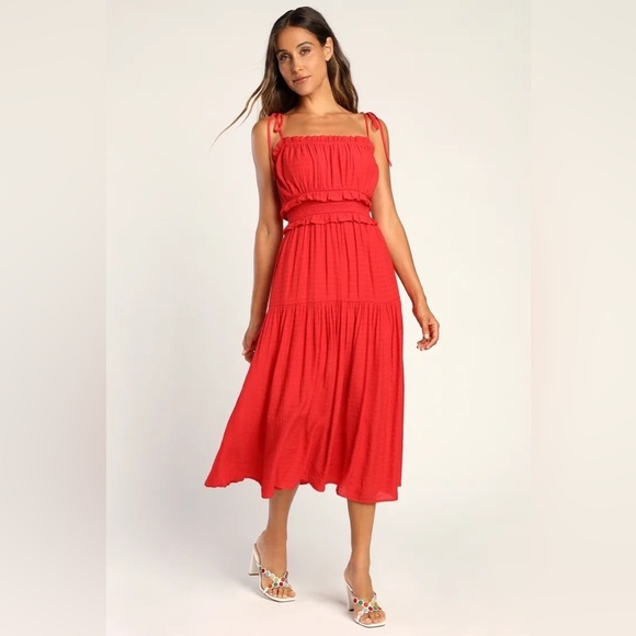 Lulu’s Strolling Santorini Red Tiered Smock Tie-Strap Midi Dress - Picture 1 of 9